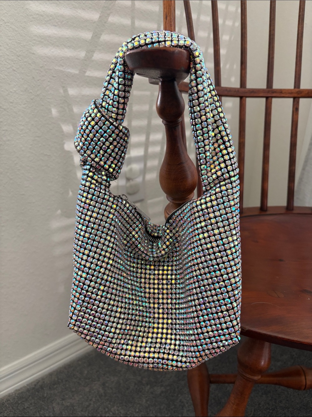 Madison West Knotted Aurora Boraelis Iridescent Crystal Mesh Bag